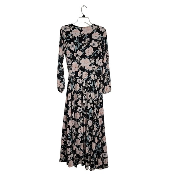 Gianni Bini Womens Floral Print Wrap Maxi Dress Sz S Black Peach Long Sleeve 59" - Picture 2 of 9